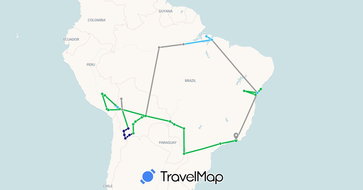 TravelMap itinerary: driving, bus, plane, boat in Bolivia, Brazil, Peru (South America)